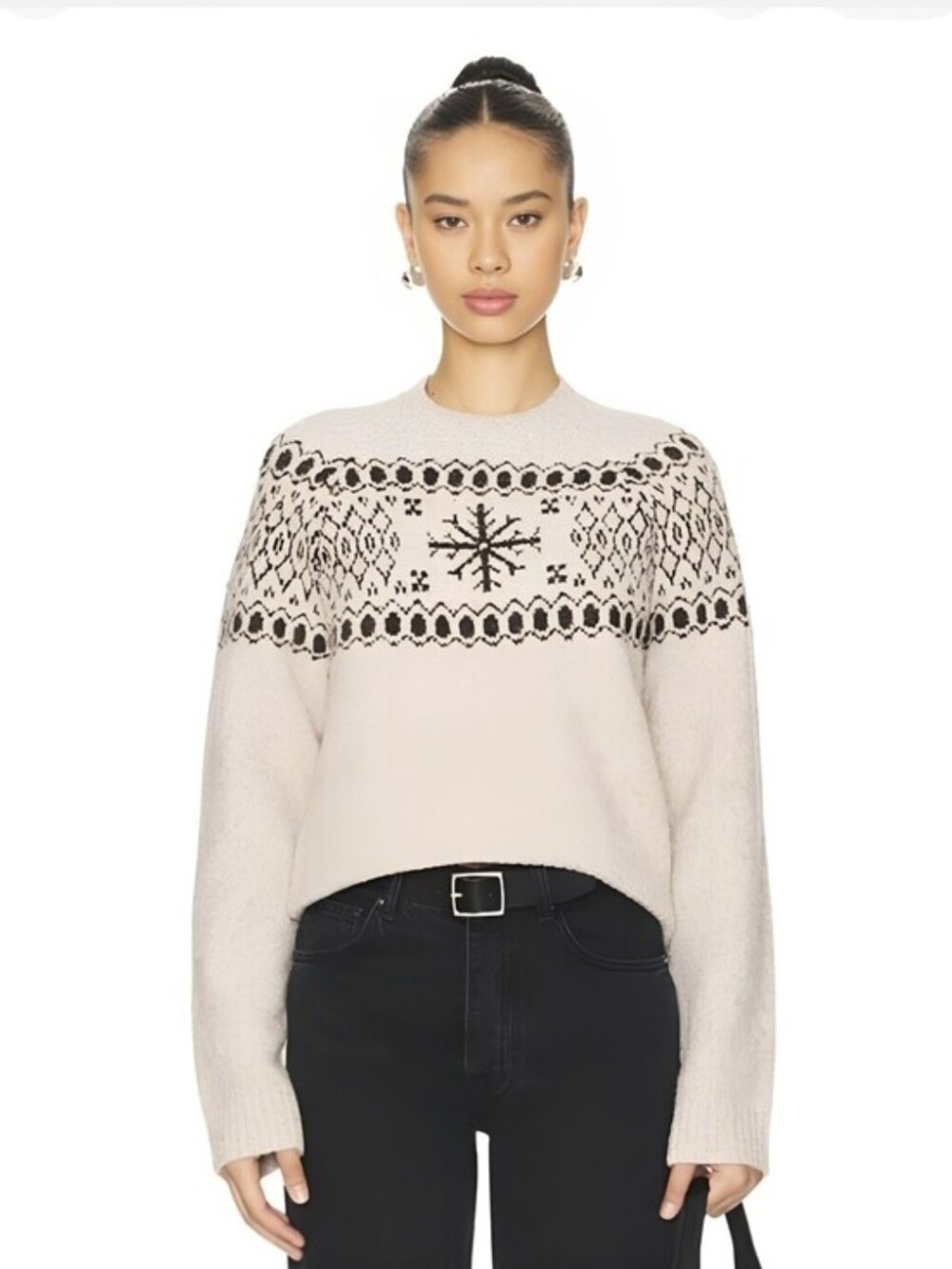 NWOT Lovers + Friends Cream Sweater with Black Fair Isle Aspen Wool Pullover